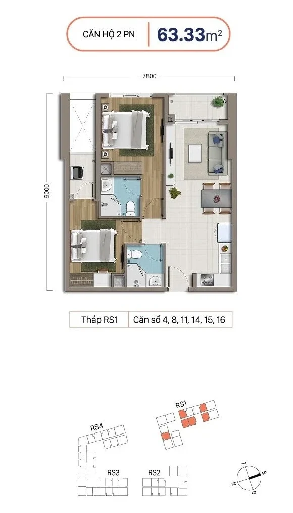 căn hộ 2 phòng ngủ 63.33m² richstar tân phú